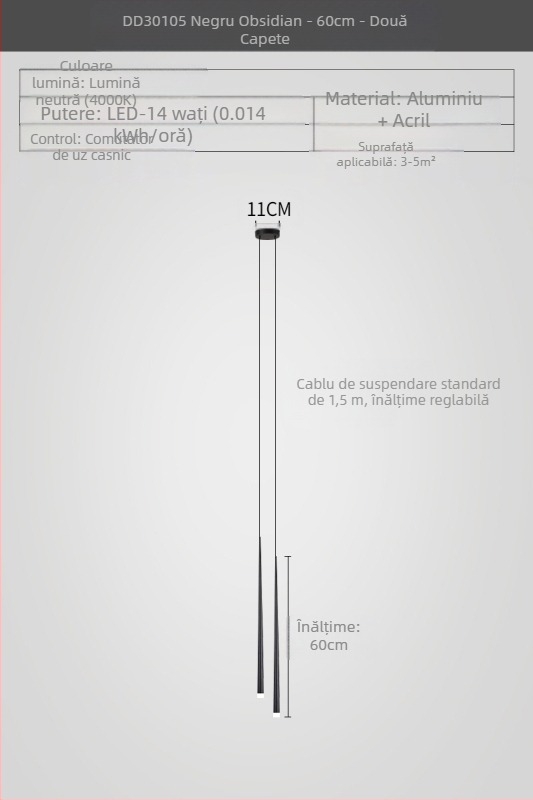 Lustră de noptieră cu formă conică, stil modern minimalist, finisaj electroplacat, cu două capete