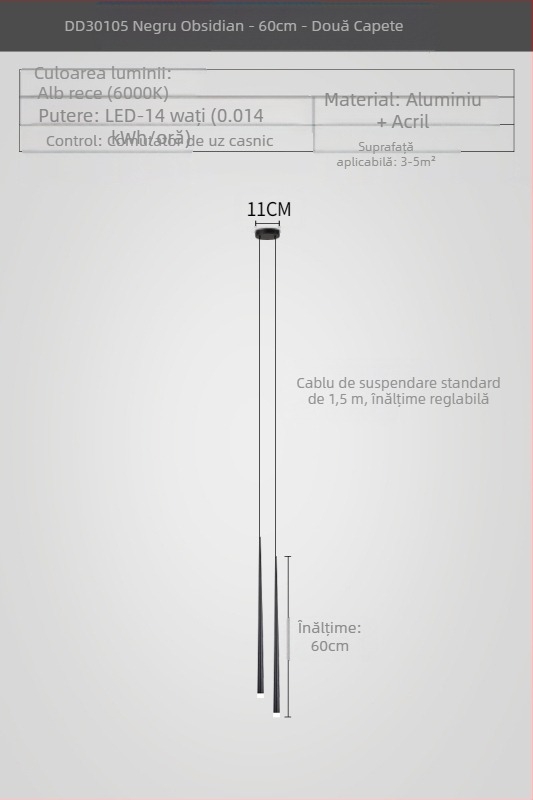 Lustră de noptieră cu formă conică, stil modern minimalist, finisaj electroplacat, cu două capete