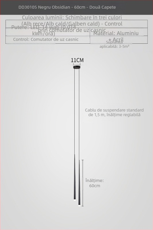Lustră de noptieră cu formă conică, stil modern minimalist, finisaj electroplacat, cu două capete