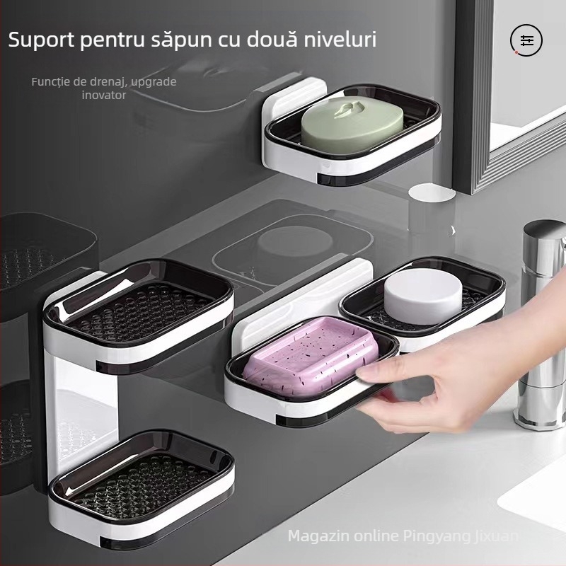 Cutie de săpun transfrontalieră, fără perforații, montat pe perete, raft de săpun de scurgere, raft de depozitare a săpunului cu dublă straturi pentru toaletă și baie