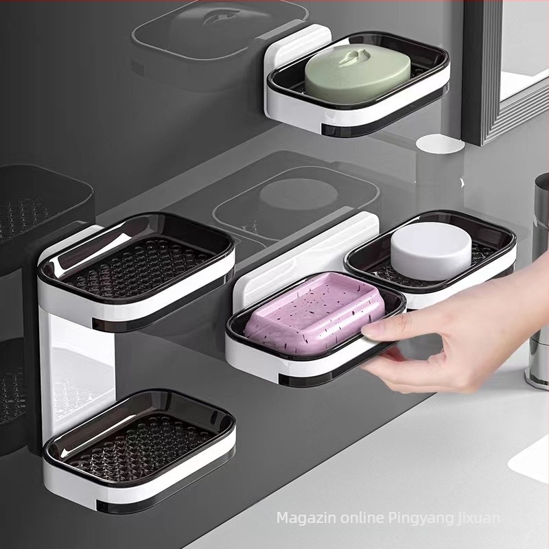 Cutie de săpun transfrontalieră, fără perforații, montat pe perete, raft de săpun de scurgere, raft de depozitare a săpunului cu dublă straturi pentru toaletă și baie