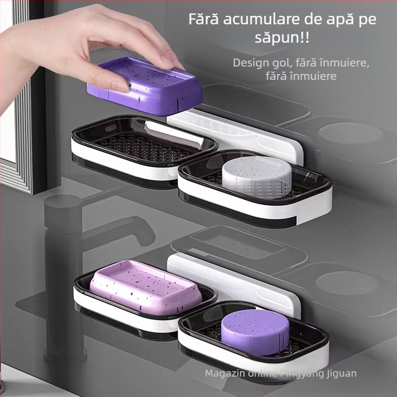 Cutie de săpun transfrontalieră, fără perforații, montat pe perete, raft de săpun de scurgere, raft de depozitare a săpunului cu dublă straturi pentru toaletă și baie