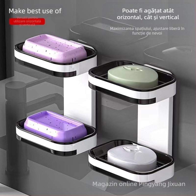 Cutie de săpun transfrontalieră, fără perforații, montat pe perete, raft de săpun de scurgere, raft de depozitare a săpunului cu dublă straturi pentru toaletă și baie