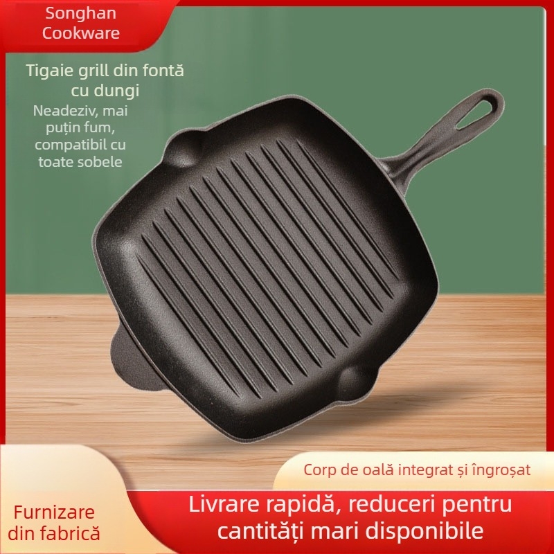 Tigaie de prăjit friptură din fontă groasă, cu dungi, mâner din lemn, tigaie pătrată antiaderentă, de uz casnic, neacoperită