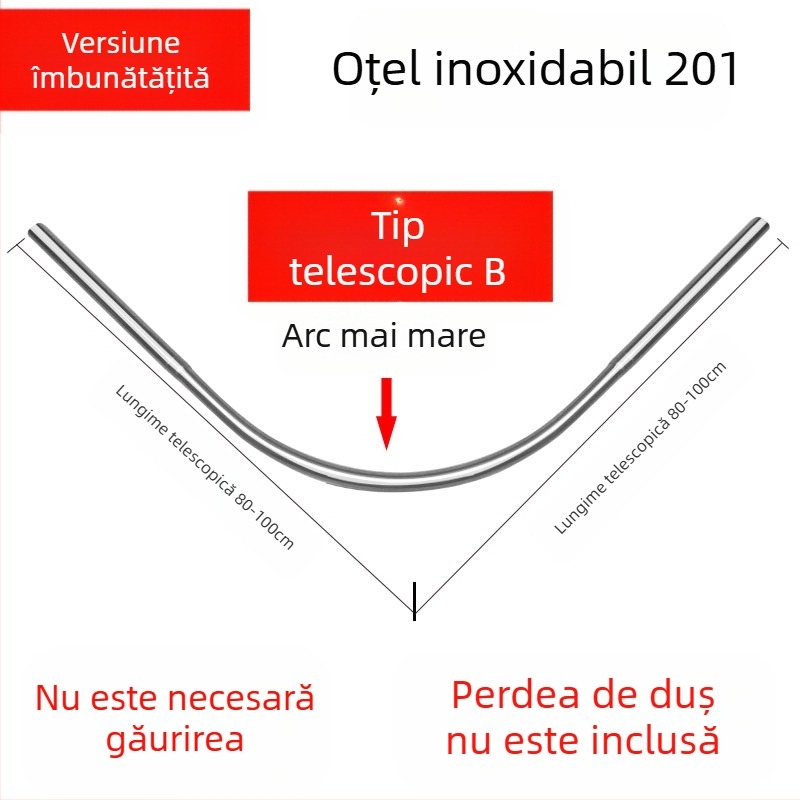 Set de bare de duș curbate Shangtao Brand, bară de duș telescopică fără perforații, din oțel inoxidabil 304, în formă de evantai, pentru baie