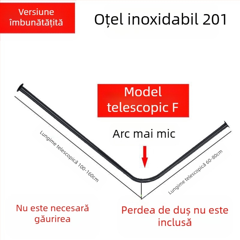 Set de bare de duș curbate Shangtao Brand, bară de duș telescopică fără perforații, din oțel inoxidabil 304, în formă de evantai, pentru baie