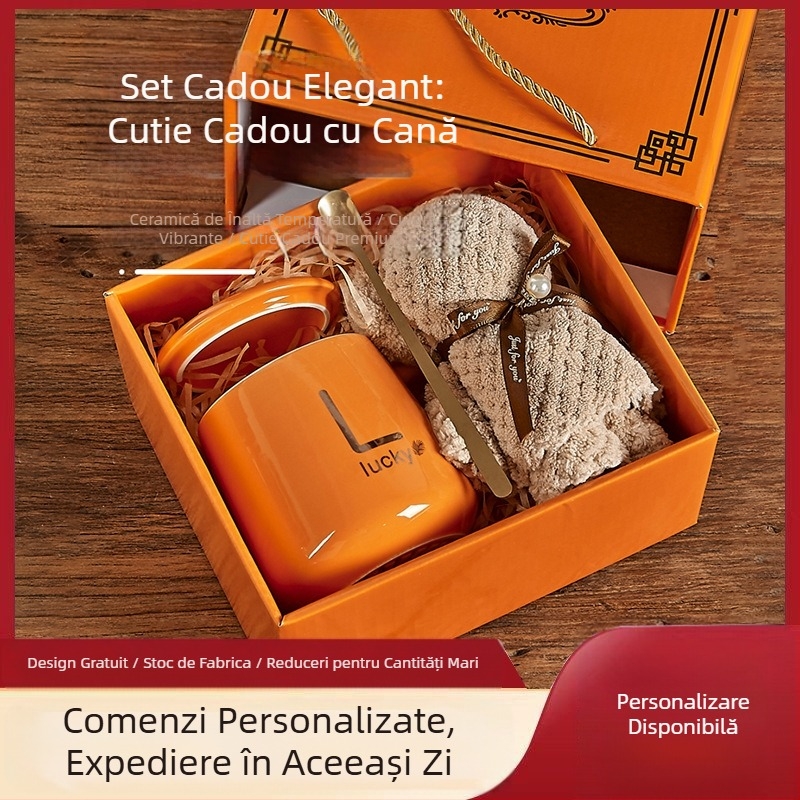 Cană de apă cu aspect deosebit, cu lingură și capac, cadou de sărbători, cadou de mână, cană ceramică de lux personalizată, cutie cadou cu prosop și ursuleț
