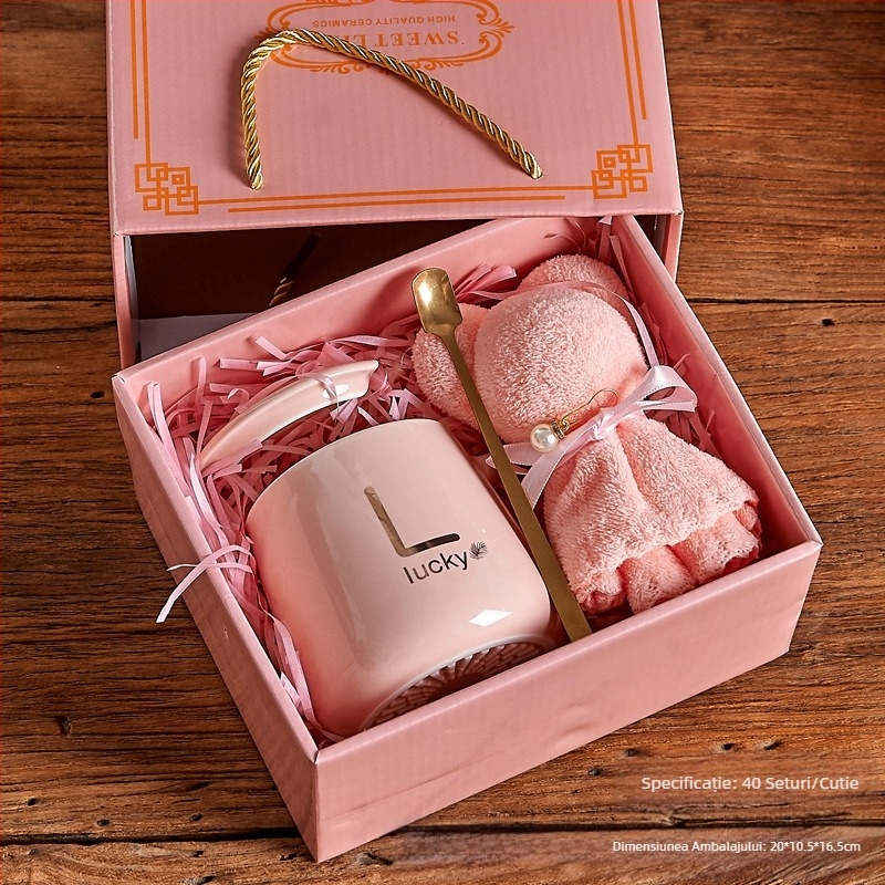 Cană de apă cu aspect deosebit, cu lingură și capac, cadou de sărbători, cadou de mână, cană ceramică de lux personalizată, cutie cadou cu prosop și ursuleț
