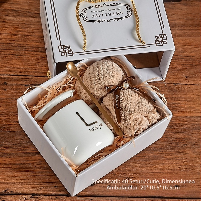 Cană de apă cu aspect deosebit, cu lingură și capac, cadou de sărbători, cadou de mână, cană ceramică de lux personalizată, cutie cadou cu prosop și ursuleț