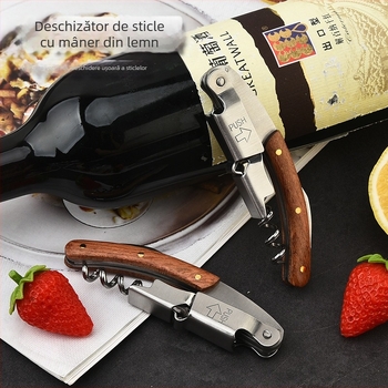 Deschizător de sticle multifuncțional pentru vin, deschizător de sticle din oțel inoxidabil, tip căluț de mare, deschizător de sticle pentru vin roșu și băuturi alcoolice, mâner din lemn de trandafir, deschizător de sticle de vin