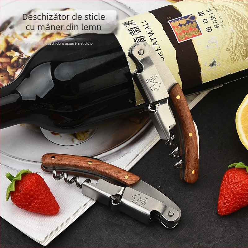 Deschizător de sticle multifuncțional pentru vin, deschizător de sticle din oțel inoxidabil, tip căluț de mare, deschizător de sticle pentru vin roșu și băuturi alcoolice, mâner din lemn de trandafir, deschizător de sticle de vin