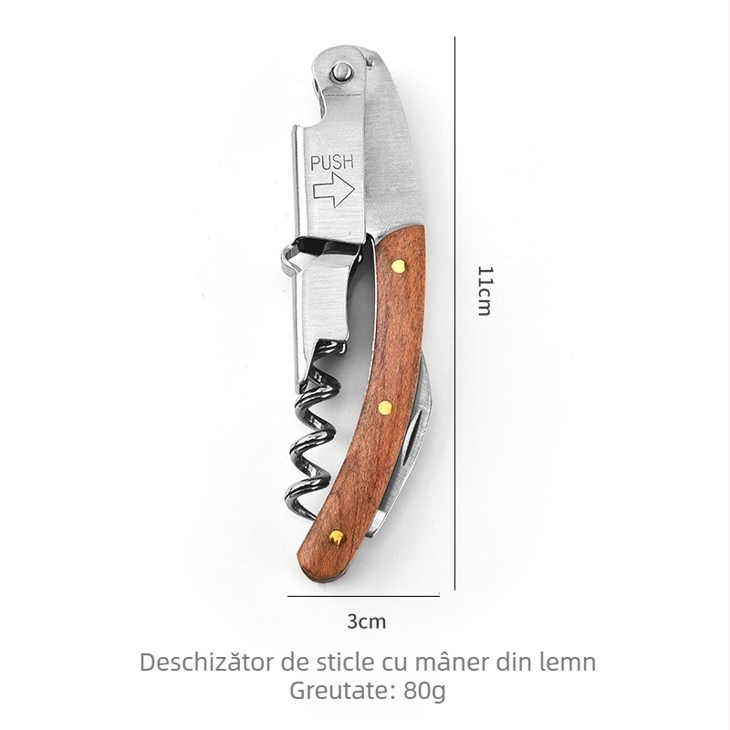 Deschizător de sticle multifuncțional pentru vin, deschizător de sticle din oțel inoxidabil, tip căluț de mare, deschizător de sticle pentru vin roșu și băuturi alcoolice, mâner din lemn de trandafir, deschizător de sticle de vin