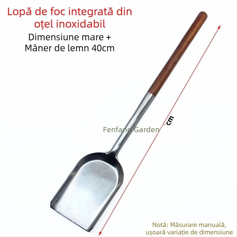 Lopată de foc cu mâner din lemn din oțel inoxidabil, lopată de cărbune, zgură de cenușă, frezare a focului, lopată de foc, lopată de cărbune, lopată de lemne de foc, instrument de foc, lopată de rahat