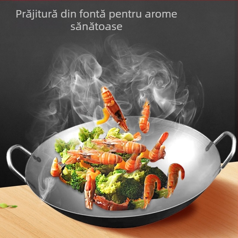 Tigaie de fier de modă veche de uz casnic, Wok neacoperit, pentru bucătari, aragaz, tigaie antiaderentă din fier, tigaie mare cu două urechi