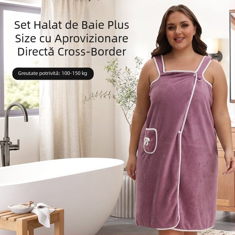 Fustă de baie din catifea corală de dimensiuni mari, transfrontalieră, moale, îngroșată și absorbantă, buzunare drăguțe cu funde, fustă purtabilă cu bretele pentru prosop de baie