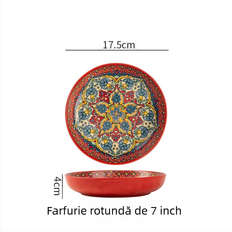 Farfurie ceramică boemă, aspect deosebit, farfurie creativă pentru uz casnic, farfurie cu fructe, farfurie pentru friptură, farfurie adâncă cu disc, veselă