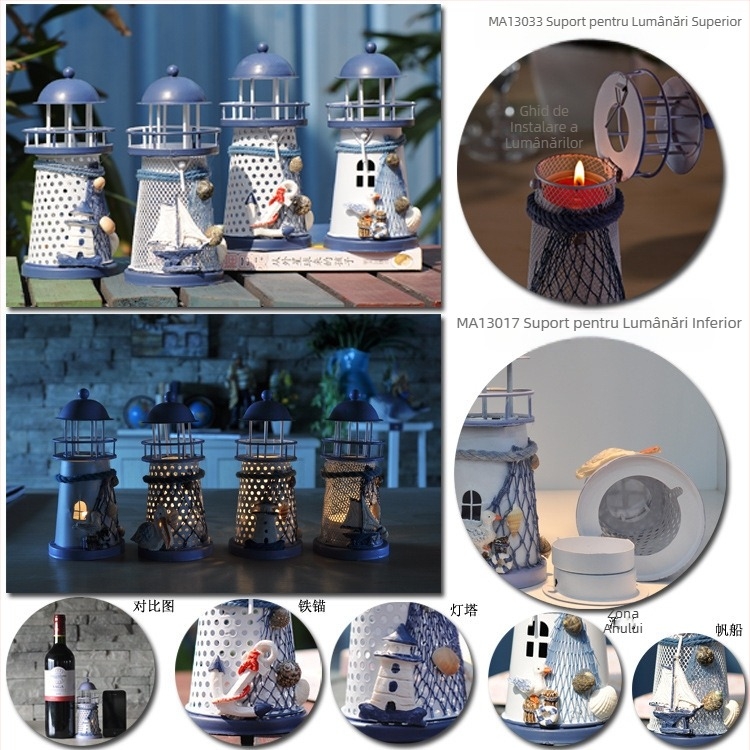 Ornamente pentru casă în stil mediteranean, cu sclipici, scoică oceanică, far din fier, meșteșuguri marine, modă