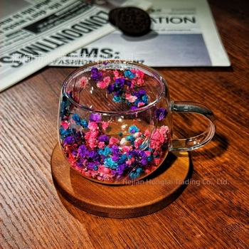 Ceașcă de cafea de înaltă calitate, cu dublu strat din sticlă, cu flori reale, transfrontalieră, cu mâner, anti-opărire și izolare termică, sticlă borosilicată de înaltă calitate