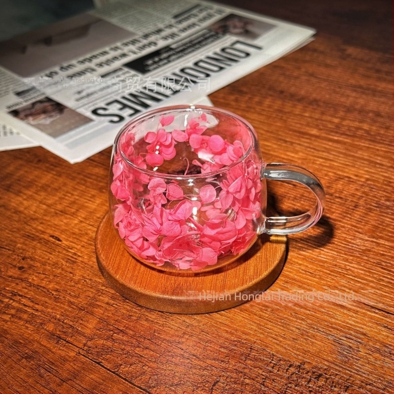 Ceașcă de cafea de înaltă calitate, cu dublu strat din sticlă, cu flori reale, transfrontalieră, cu mâner, anti-opărire și izolare termică, sticlă borosilicată de înaltă calitate