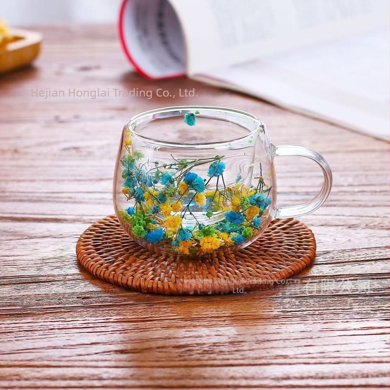 Ceașcă de cafea de înaltă calitate, cu dublu strat din sticlă, cu flori reale, transfrontalieră, cu mâner, anti-opărire și izolare termică, sticlă borosilicată de înaltă calitate