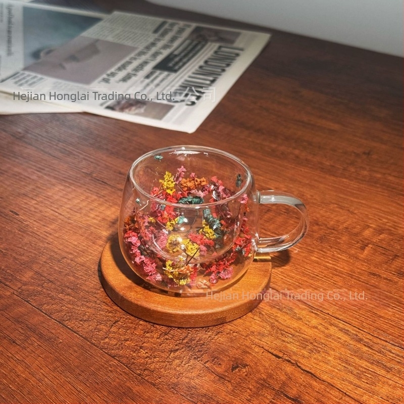 Ceașcă de cafea de înaltă calitate, cu dublu strat din sticlă, cu flori reale, transfrontalieră, cu mâner, anti-opărire și izolare termică, sticlă borosilicată de înaltă calitate