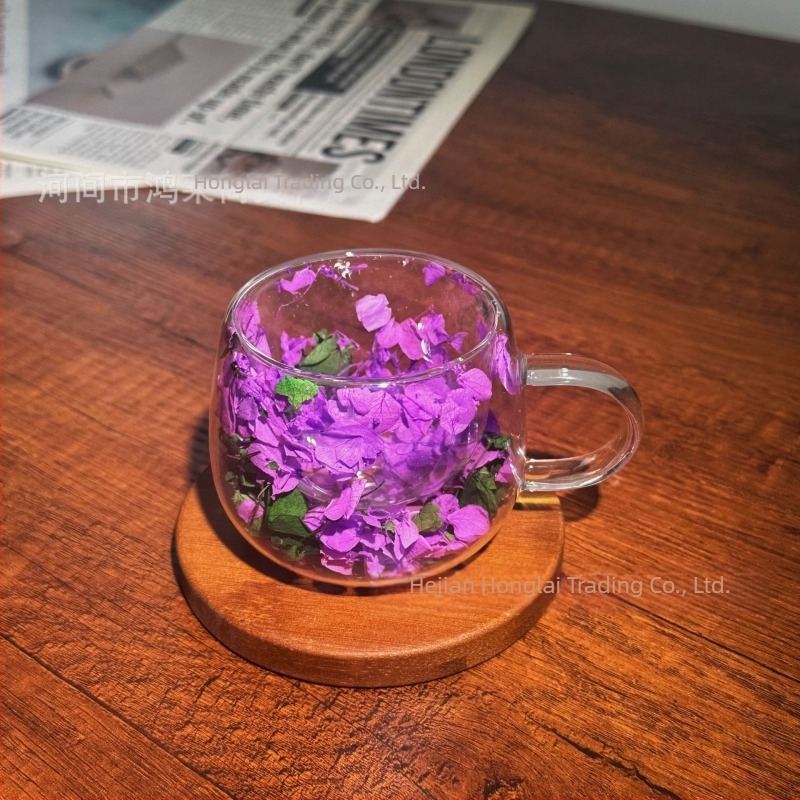 Ceașcă de cafea de înaltă calitate, cu dublu strat din sticlă, cu flori reale, transfrontalieră, cu mâner, anti-opărire și izolare termică, sticlă borosilicată de înaltă calitate