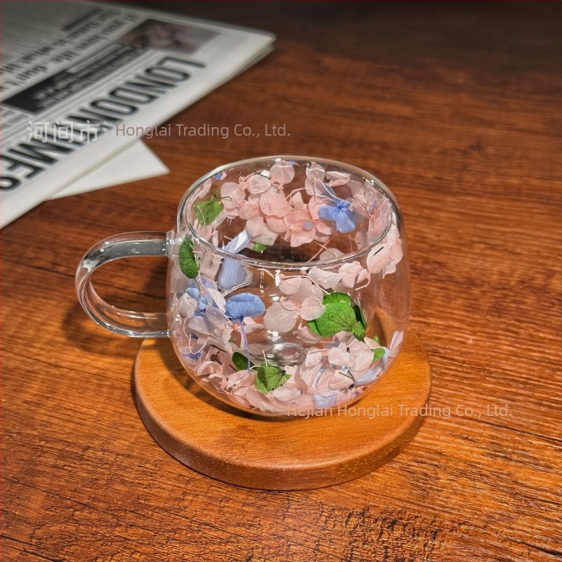 Ceașcă de cafea de înaltă calitate, cu dublu strat din sticlă, cu flori reale, transfrontalieră, cu mâner, anti-opărire și izolare termică, sticlă borosilicată de înaltă calitate