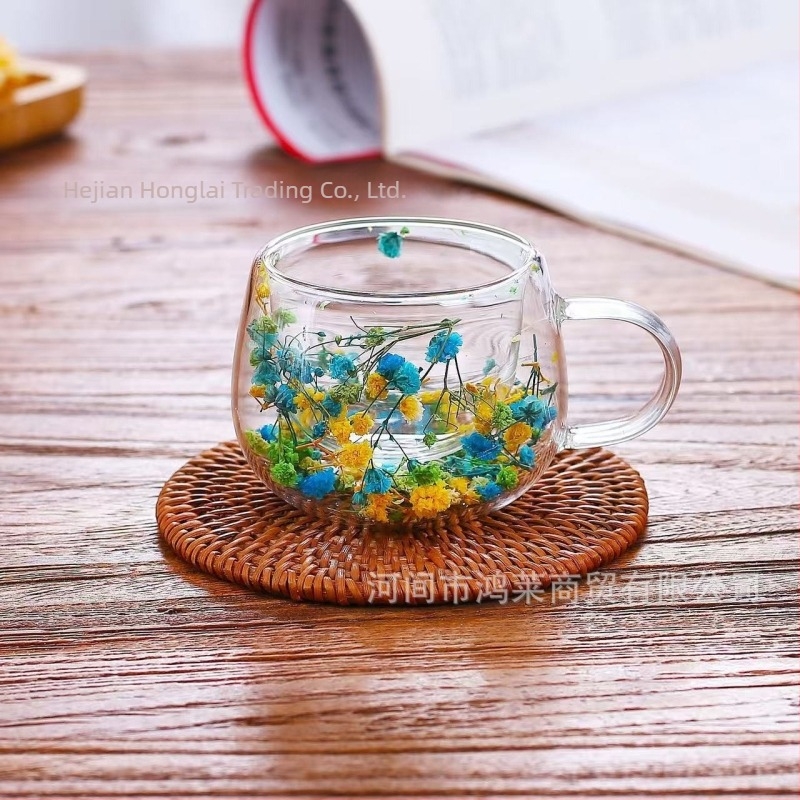 Ceașcă de cafea de înaltă calitate, cu dublu strat din sticlă, cu flori reale, transfrontalieră, cu mâner, anti-opărire și izolare termică, sticlă borosilicată de înaltă calitate