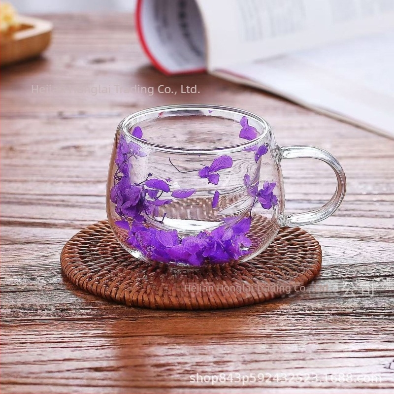 Ceașcă de cafea de înaltă calitate, cu dublu strat din sticlă, cu flori reale, transfrontalieră, cu mâner, anti-opărire și izolare termică, sticlă borosilicată de înaltă calitate