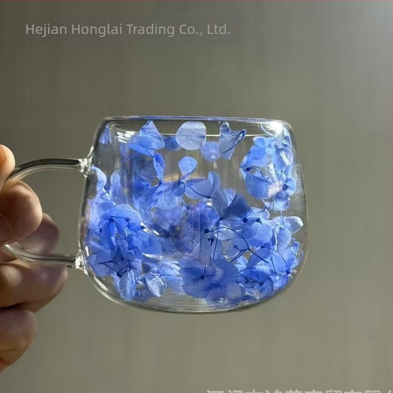 Ceașcă de cafea de înaltă calitate, cu dublu strat din sticlă, cu flori reale, transfrontalieră, cu mâner, anti-opărire și izolare termică, sticlă borosilicată de înaltă calitate