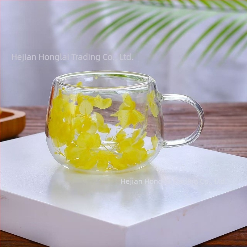 Ceașcă de cafea de înaltă calitate, cu dublu strat din sticlă, cu flori reale, transfrontalieră, cu mâner, anti-opărire și izolare termică, sticlă borosilicată de înaltă calitate