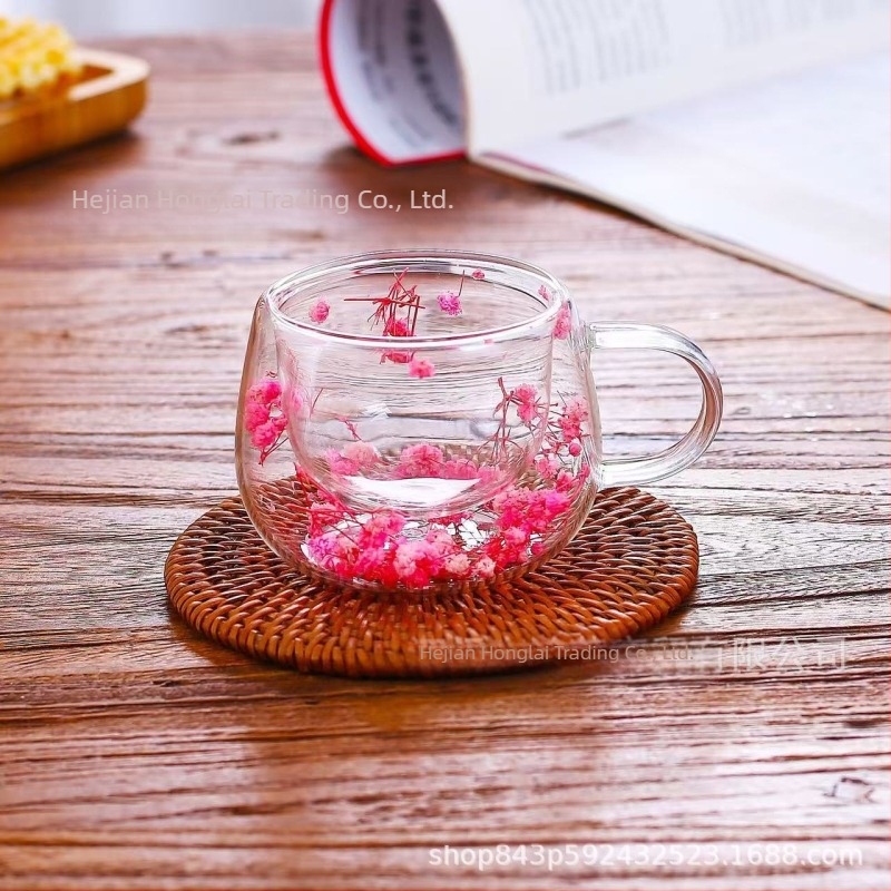 Ceașcă de cafea de înaltă calitate, cu dublu strat din sticlă, cu flori reale, transfrontalieră, cu mâner, anti-opărire și izolare termică, sticlă borosilicată de înaltă calitate
