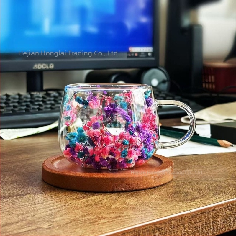 Ceașcă de cafea de înaltă calitate, cu dublu strat din sticlă, cu flori reale, transfrontalieră, cu mâner, anti-opărire și izolare termică, sticlă borosilicată de înaltă calitate