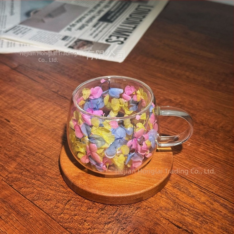 Ceașcă de cafea de înaltă calitate, cu dublu strat din sticlă, cu flori reale, transfrontalieră, cu mâner, anti-opărire și izolare termică, sticlă borosilicată de înaltă calitate