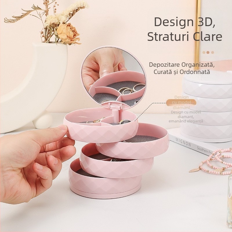 Cutie de bijuterii rotativă pentru cercei, cutie de depozitare multistrat pentru cercei, cutie mică rafinată pentru cercei, colier, raft pentru bijuterii cu oglindă, cutie rezistentă la praf