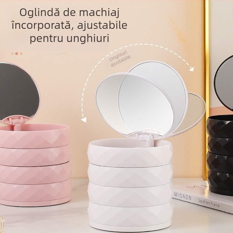 Cutie de bijuterii rotativă pentru cercei, cutie de depozitare multistrat pentru cercei, cutie mică rafinată pentru cercei, colier, raft pentru bijuterii cu oglindă, cutie rezistentă la praf