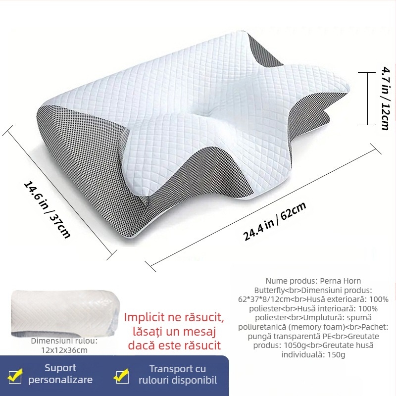 Pernă transfrontalieră Amazon Roll Horn Butterfly cu revenire lentă din spumă cu memorie, pernă cu memorie cu presiune zero pentru protecția coloanei cervicale