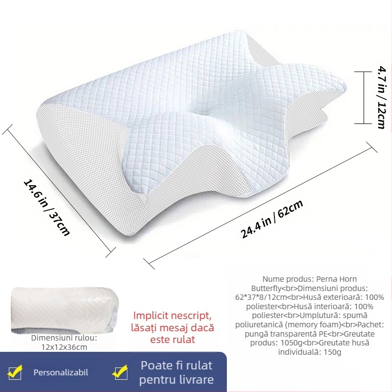 Pernă transfrontalieră Amazon Roll Horn Butterfly cu revenire lentă din spumă cu memorie, pernă cu memorie cu presiune zero pentru protecția coloanei cervicale