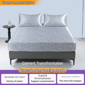 Set de lenjerie de pat din trei piese, satinat transfrontalier, cu imprimeu digital leopard, cearșaf cu fermoar, husă de saltea, față de pernă