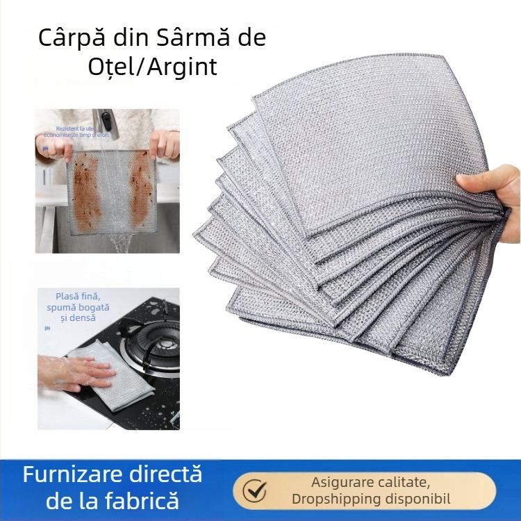Cârpă cu bilă din sârmă de oțel, lavetă de vase din sârmă de oțel, curățare bucătărie, perie specială din sârmă de argint, fără ulei, prosop de vase pentru tigaie