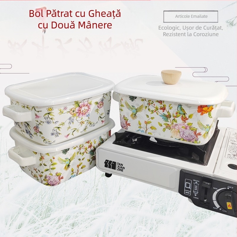 Cutie de prânz emailată dreptunghiulară pentru conservare, cutie de prânz, cutie de gheață, cutie de depozitare pentru copt, binaurală, cutie de gheață generoasă universală