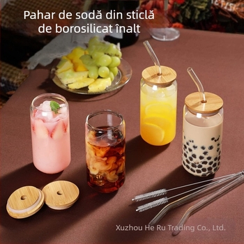 Borcan Mason din sticlă borosilicată de înaltă calitate, cu paie, pentru suc, cafea, lapte, cu capac, 16 oz, set de ceașcă de cola