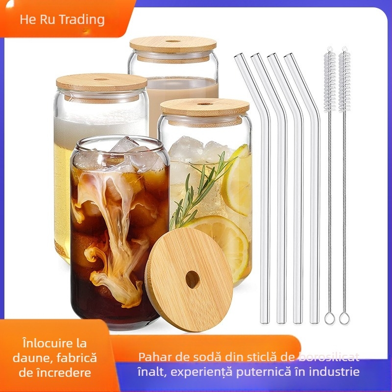 Borcan Mason din sticlă borosilicată de înaltă calitate, cu paie, pentru suc, cafea, lapte, cu capac, 16 oz, set de ceașcă de cola