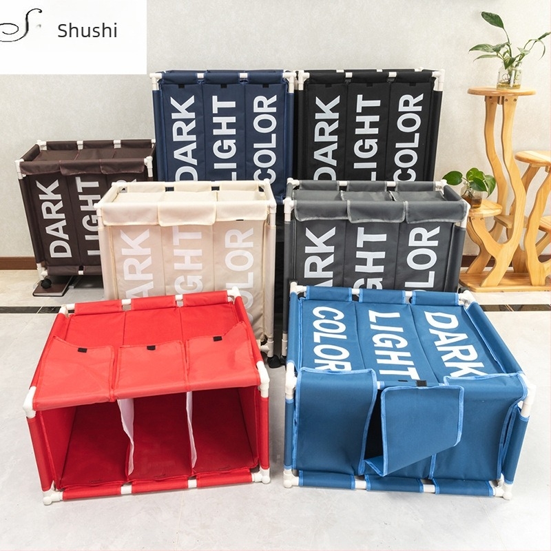 Coș de rufe casual și elegant, cu trei compartimente, cu scripeți, pentru uz casnic, din pânză Oxford, pentru haine murdare, rezistent la umiditate, pliabil, pentru haine murdare