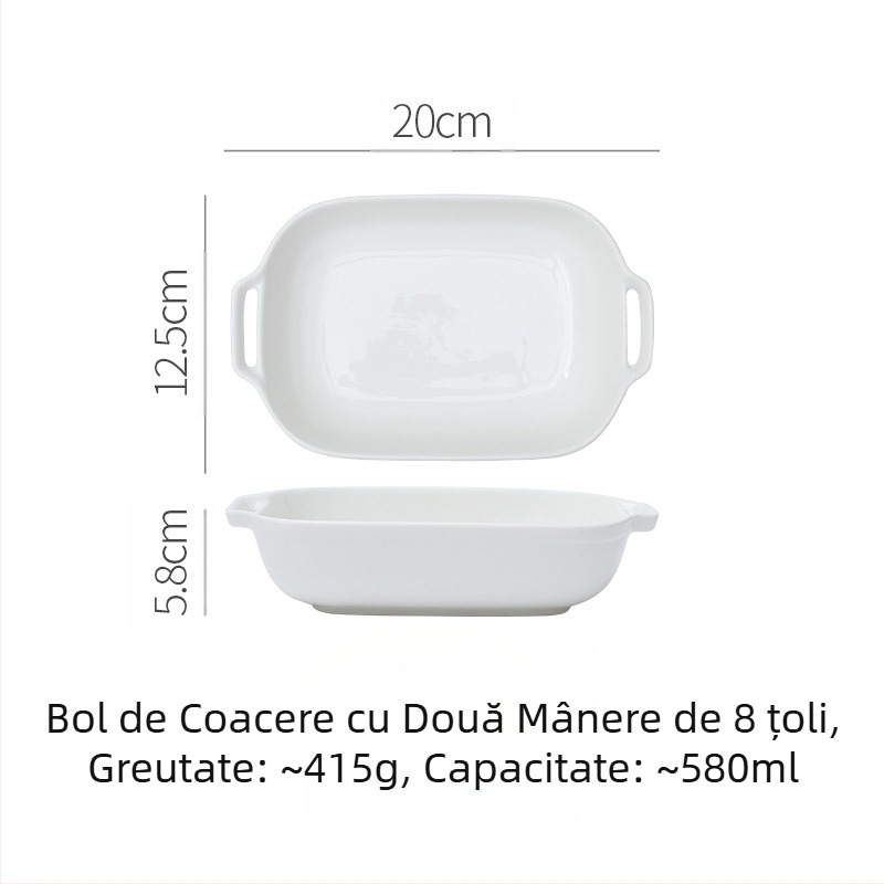 Tavă de copt dreptunghiulară din ceramică albă pură, cu două urechi, pentru copt cu brânză, bol pentru orez, rezistent la temperaturi ridicate, bol de copt de uz casnic, bol pentru gustări, farfurie pentru pește la abur