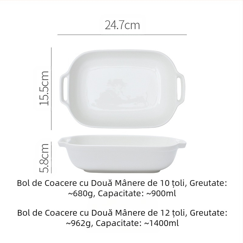 Tavă de copt dreptunghiulară din ceramică albă pură, cu două urechi, pentru copt cu brânză, bol pentru orez, rezistent la temperaturi ridicate, bol de copt de uz casnic, bol pentru gustări, farfurie pentru pește la abur