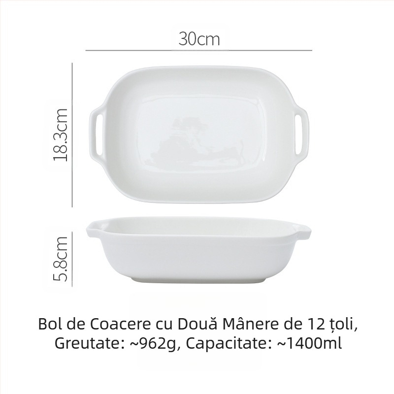 Tavă de copt dreptunghiulară din ceramică albă pură, cu două urechi, pentru copt cu brânză, bol pentru orez, rezistent la temperaturi ridicate, bol de copt de uz casnic, bol pentru gustări, farfurie pentru pește la abur