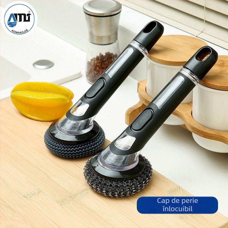 Perie pentru oale cu mâner lung, umplută cu lichid, pentru decontaminarea și curățarea aragazului de bucătărie, perie pentru oale și vase, perie din lână de oțel, perie antiaderentă pentru tigăi