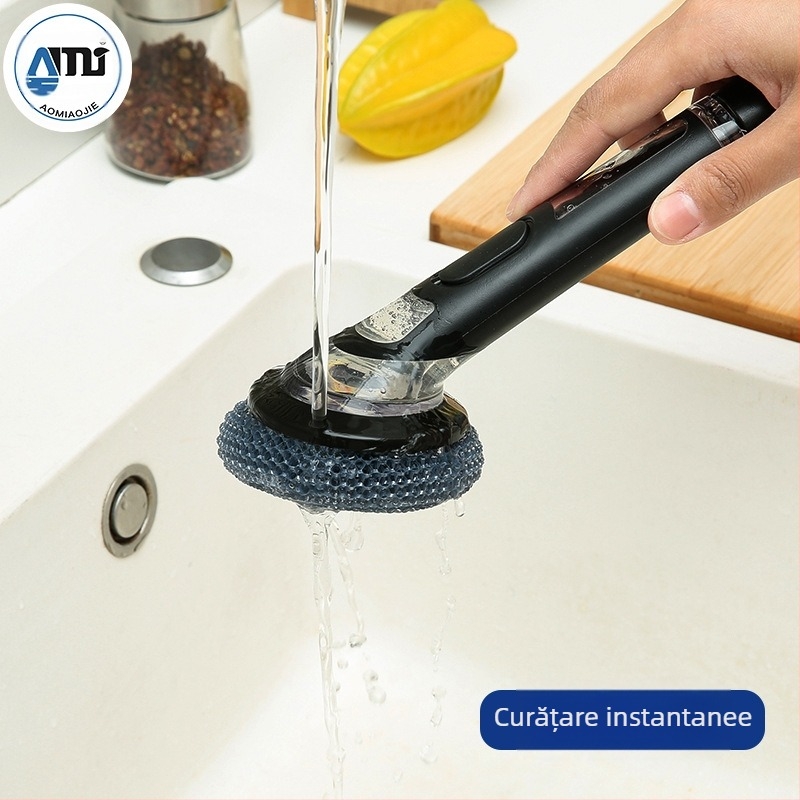 Perie pentru oale cu mâner lung, umplută cu lichid, pentru decontaminarea și curățarea aragazului de bucătărie, perie pentru oale și vase, perie din lână de oțel, perie antiaderentă pentru tigăi