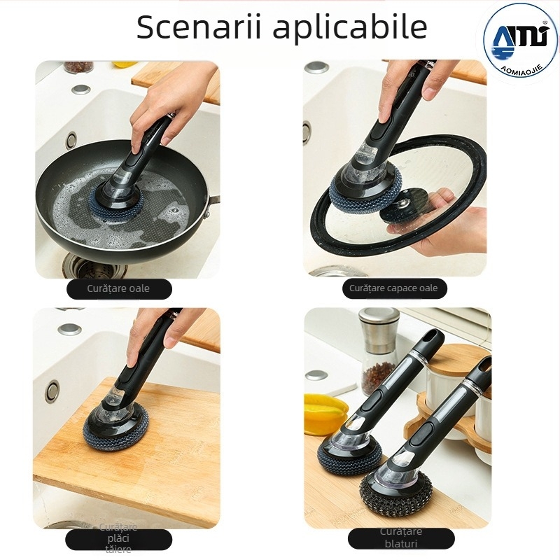Perie pentru oale cu mâner lung, umplută cu lichid, pentru decontaminarea și curățarea aragazului de bucătărie, perie pentru oale și vase, perie din lână de oțel, perie antiaderentă pentru tigăi
